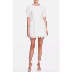Marchesa Notte White Eyelet puff Sleeve Open Back Mini Dress Bridal